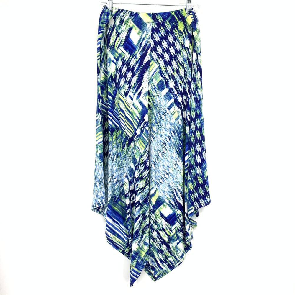 Chico's Asymmetrical Hem Line Skirt Womens Sz 2 US Large Blue White Abstract